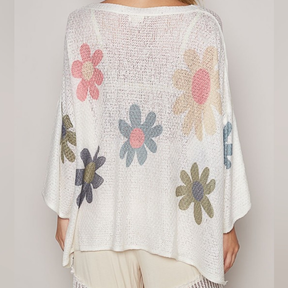 POL Daisy Retro Color Contrast Flower Top Oversized Shirt Pullover Knit Sweater - Picture 6 of 11